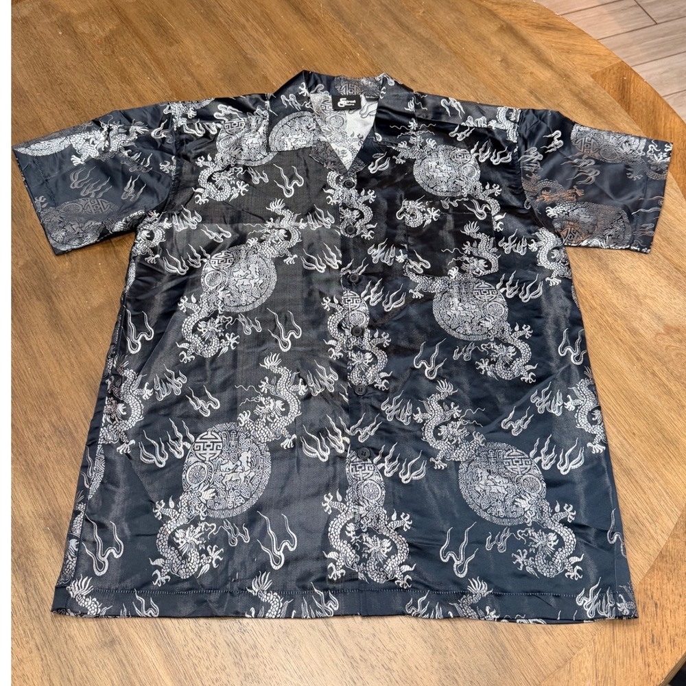 Street Culture Mens Large Black Silver Dragon Brocade Short Sleeve Button Shirt